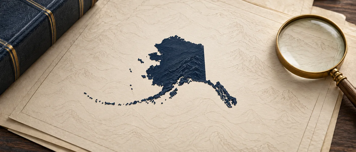 Editorial illustration of the Alaska state outline on legal documents beside a magnifying glass.