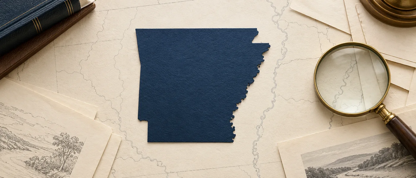 Editorial illustration of the Arkansas state outline on legal documents beside a magnifying glass.