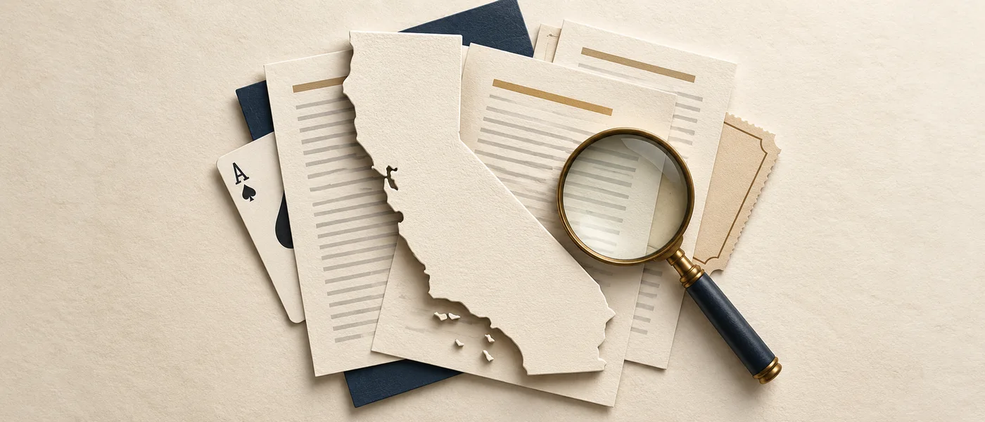 Editorial illustration of the California outline beside legal documents and a magnifying glass.