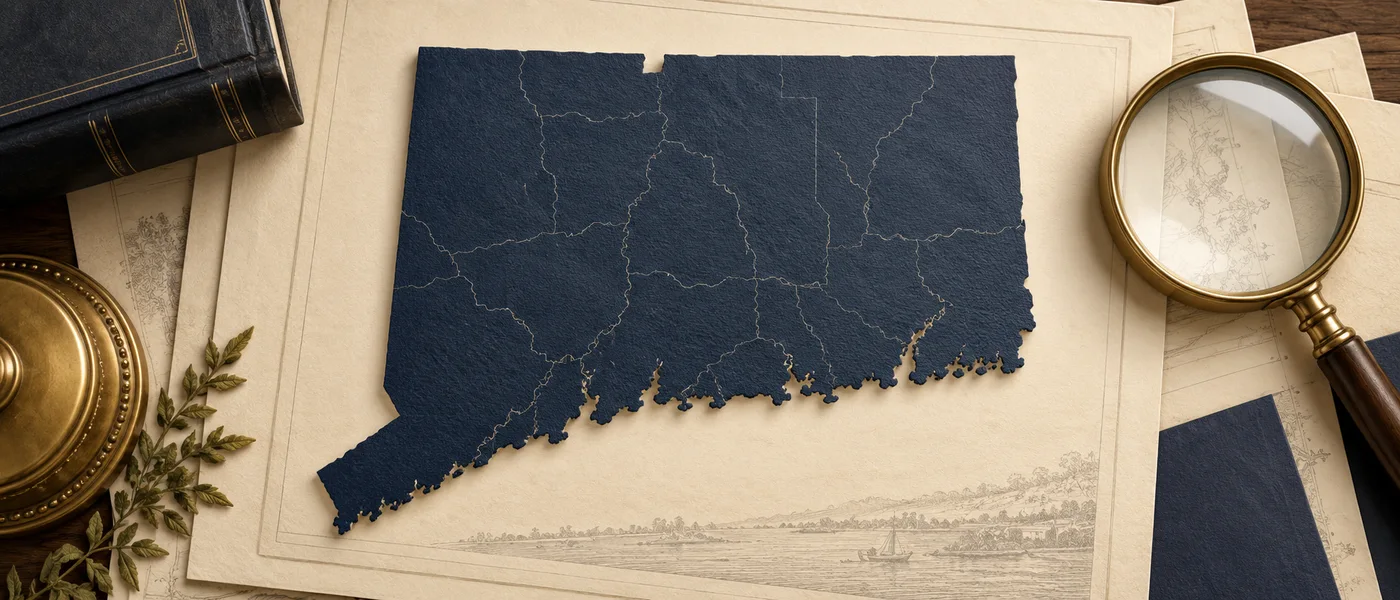 Editorial illustration of the Connecticut state outline on legal documents beside a magnifying glass.