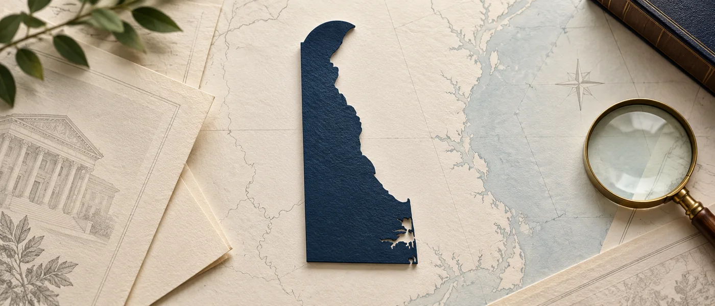 Editorial illustration of the Delaware state outline on legal documents beside a magnifying glass.