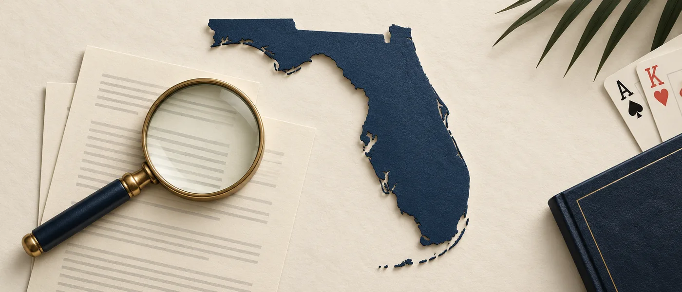Editorial illustration of the Florida outline beside legal documents and a magnifying glass.