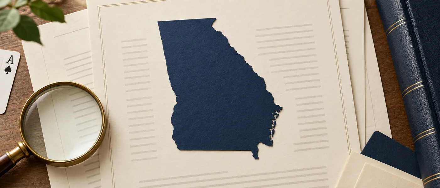Editorial illustration of the Georgia outline beside legal documents and a magnifying glass.