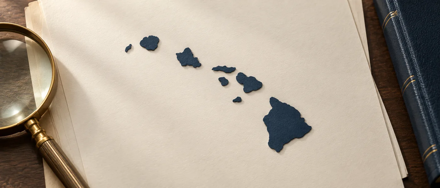 Editorial illustration of the Hawaiian island chain on legal documents beside a magnifying glass.