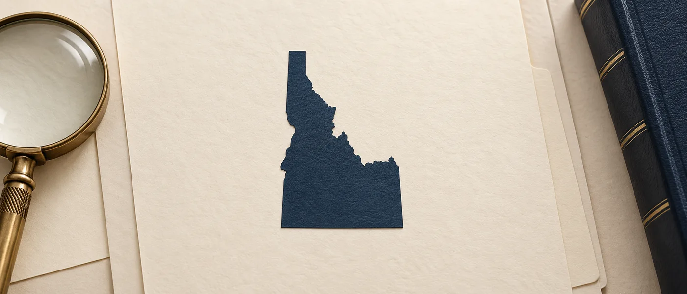 Editorial illustration of the Idaho state outline on legal documents beside a magnifying glass.