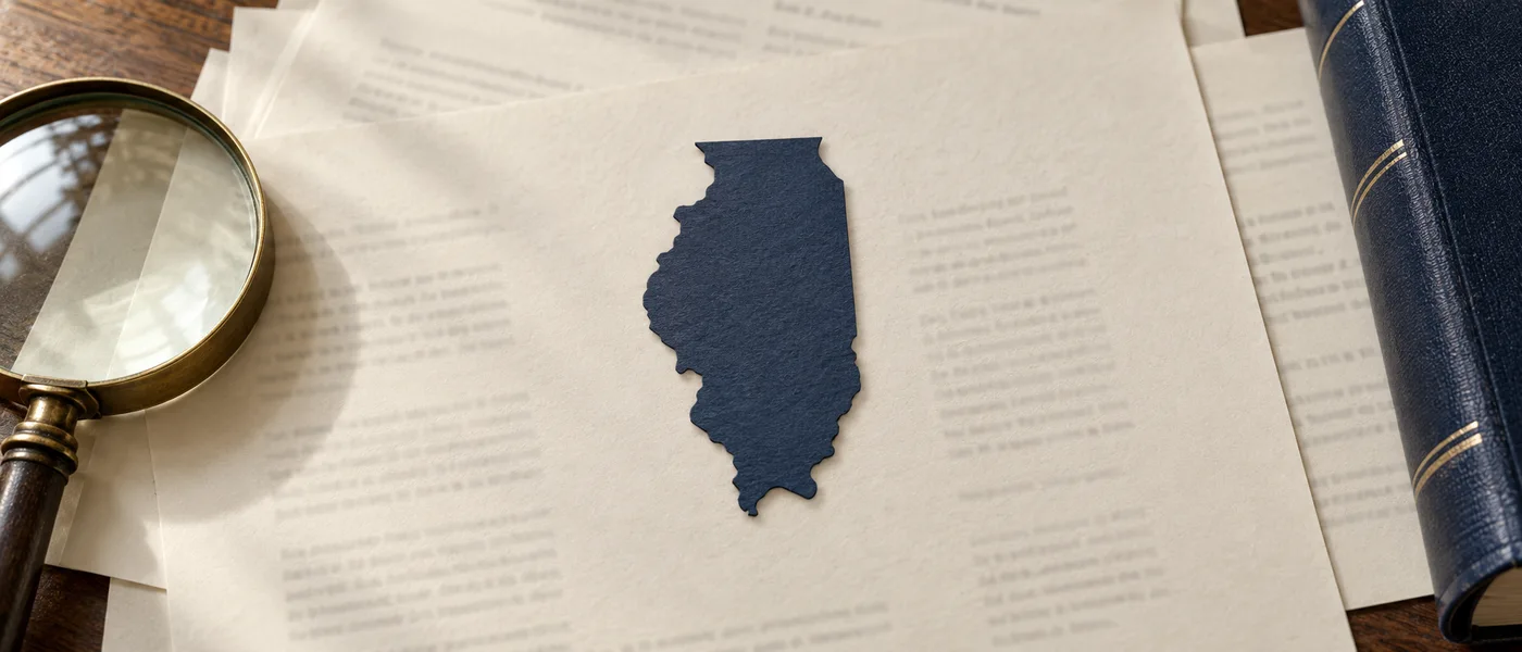 Editorial illustration of the Illinois state outline on legal documents beside a magnifying glass.