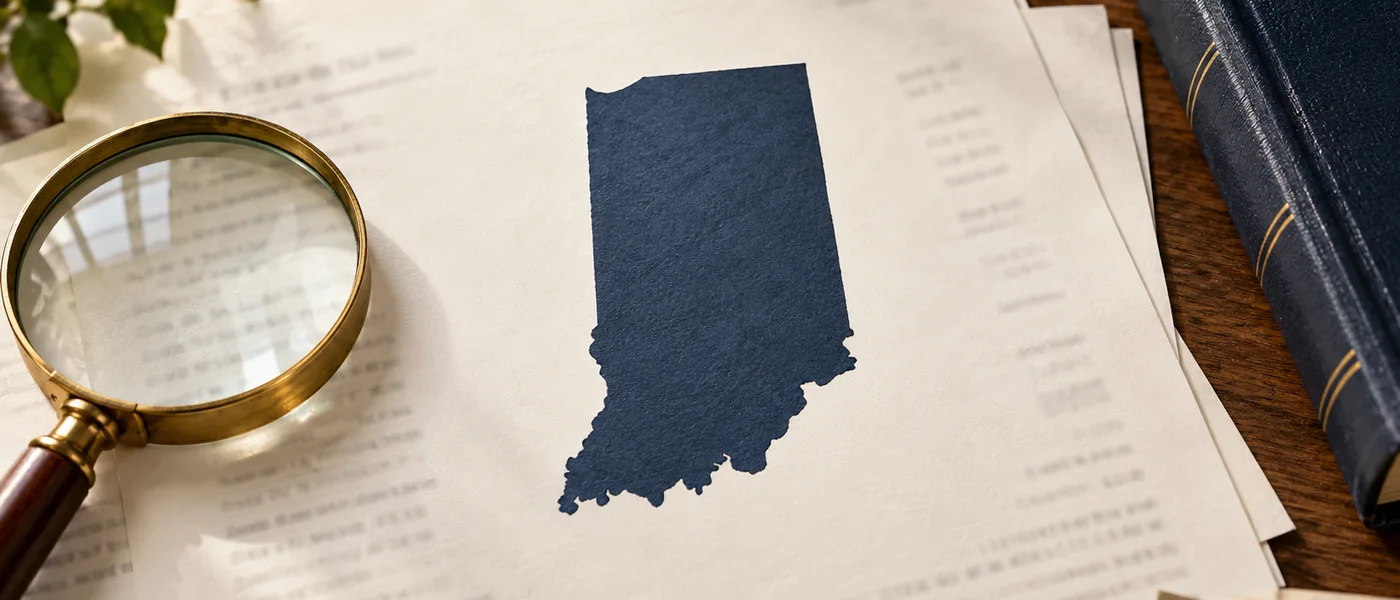 Editorial illustration of the Indiana state outline on legal documents beside a magnifying glass.