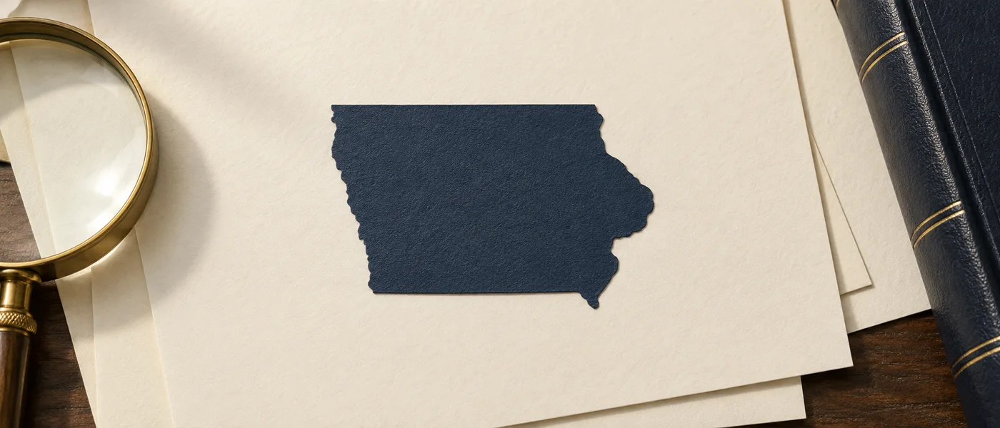 Editorial illustration of the Iowa state outline on legal documents beside a magnifying glass.