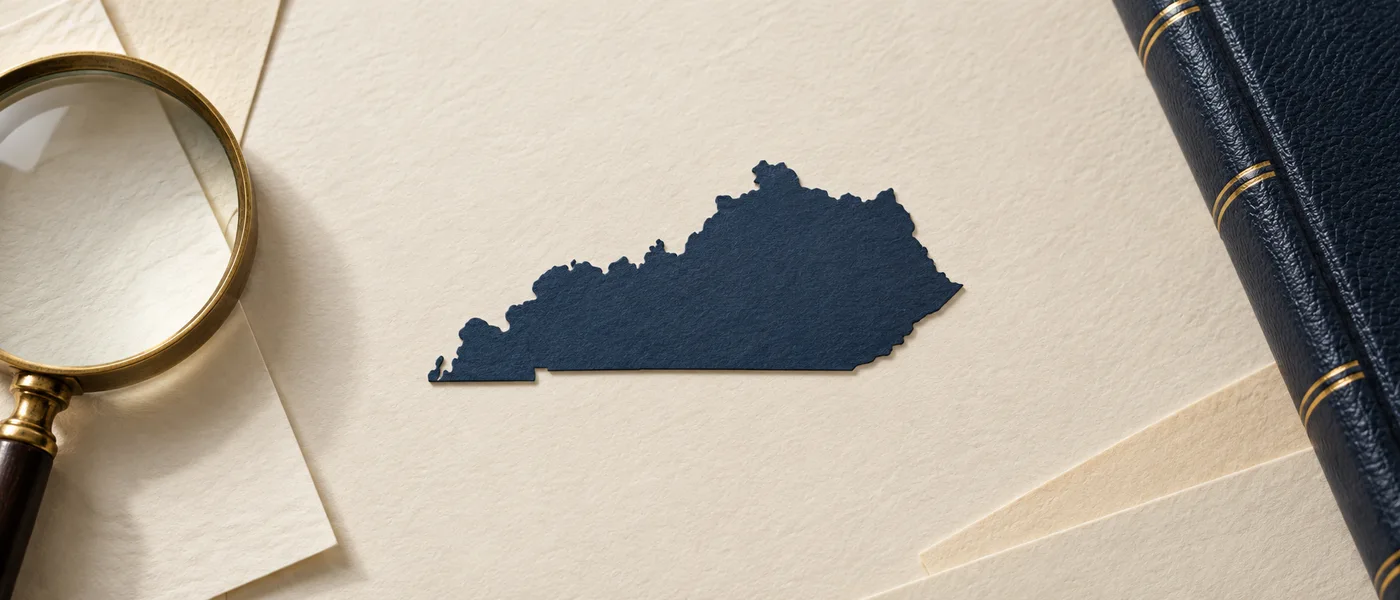 Editorial illustration of the Kentucky state outline on legal documents beside a magnifying glass.