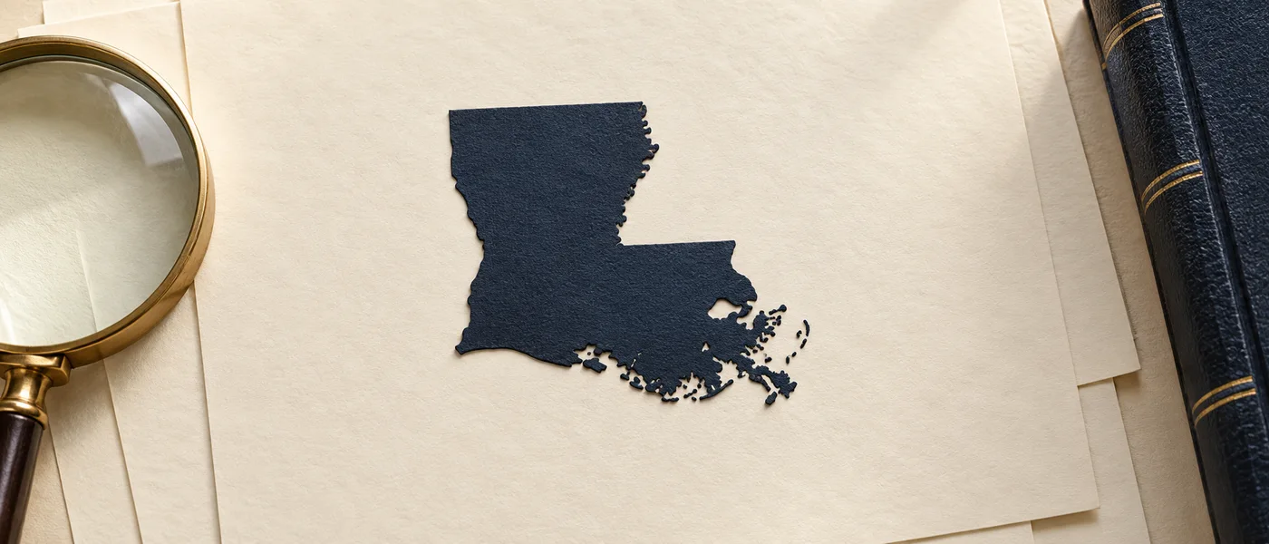 Editorial illustration of the Louisiana state outline on legal documents beside a magnifying glass.