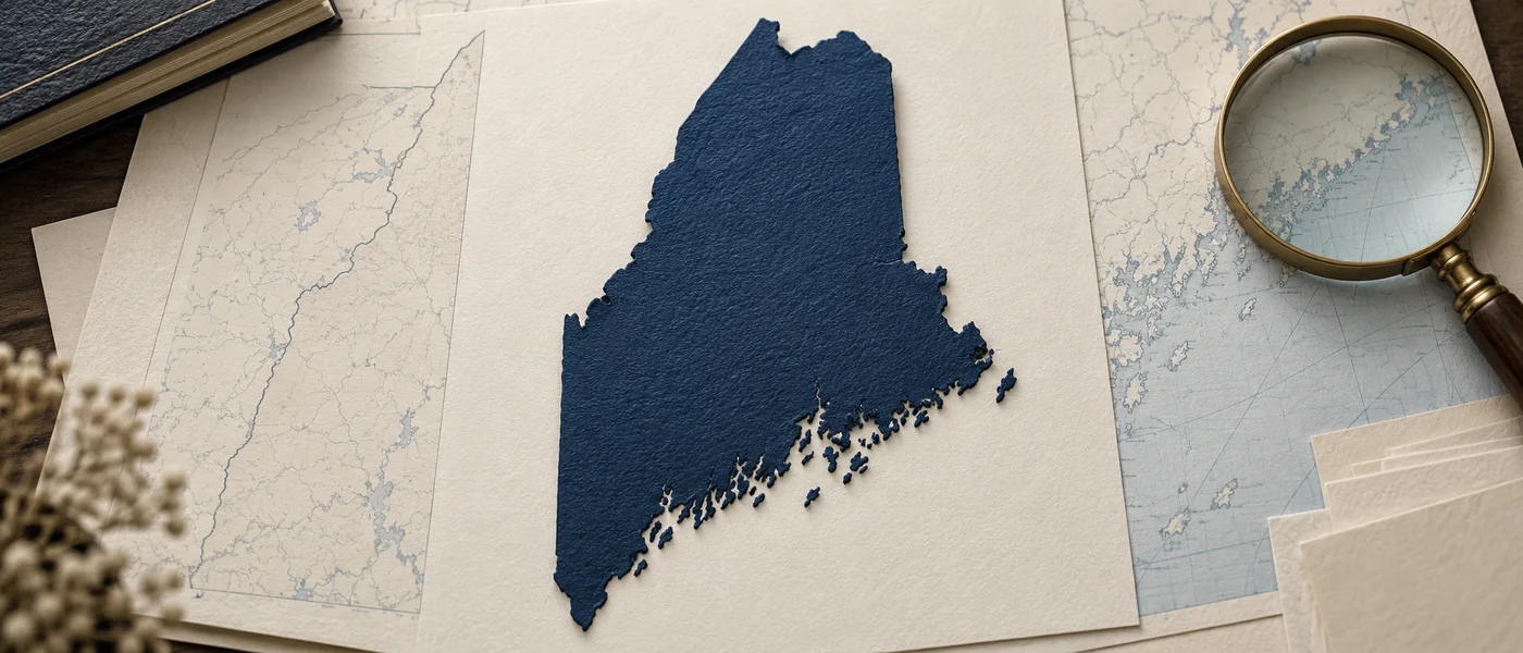 Editorial illustration of the Maine state outline on legal documents beside a magnifying glass.