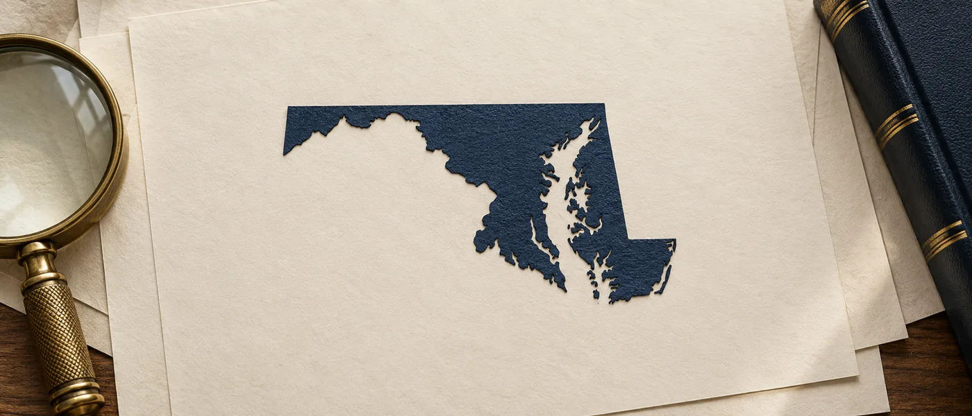 Editorial illustration of the Maryland state outline on legal documents beside a magnifying glass.