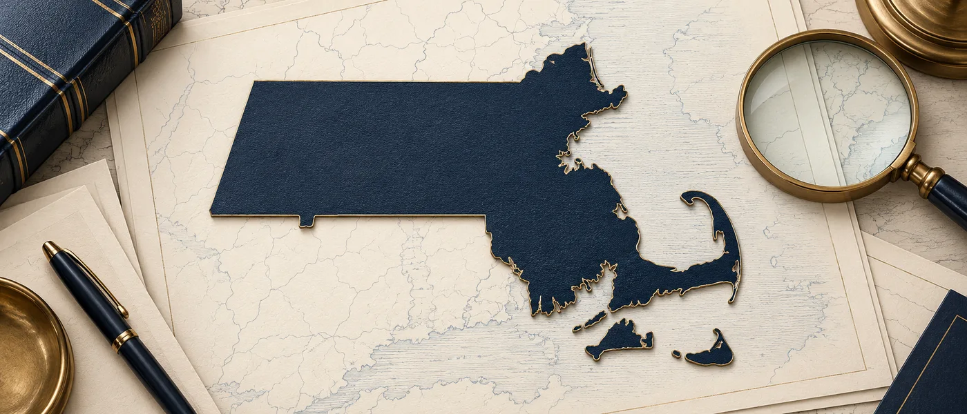 Editorial illustration of the Massachusetts state outline on legal documents beside a magnifying glass.
