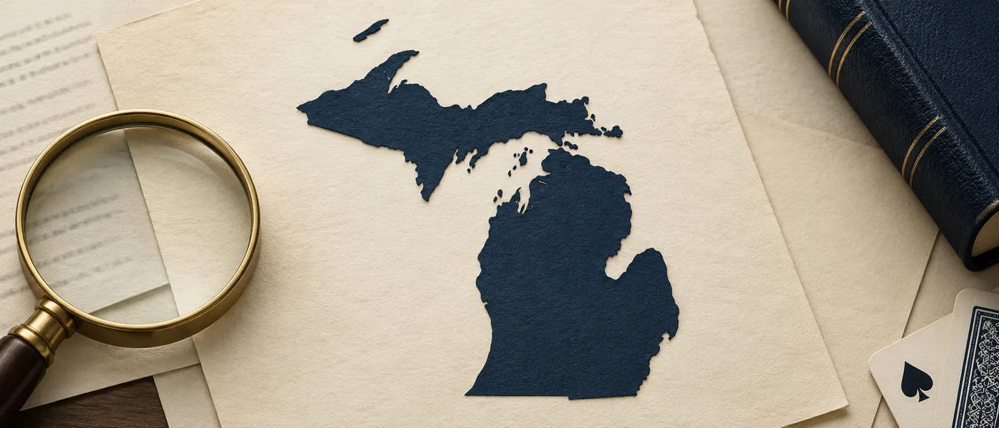 Editorial illustration of the two-peninsula Michigan outline beside legal documents and a magnifying glass.