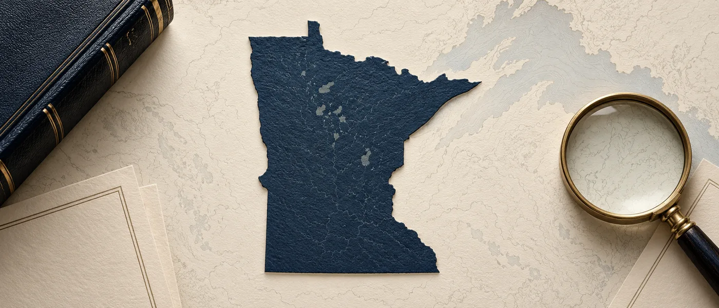 Editorial illustration of the Minnesota state outline on legal documents beside a magnifying glass.