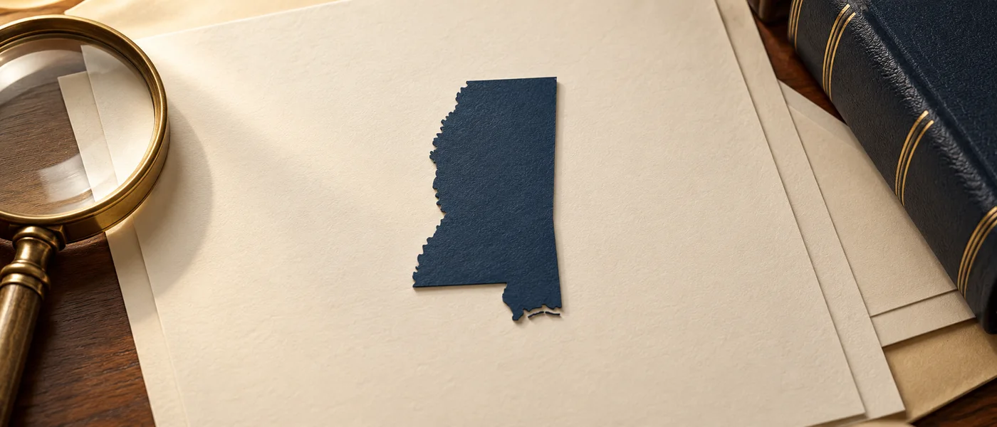 Editorial illustration of the Mississippi state outline on legal documents beside a magnifying glass.