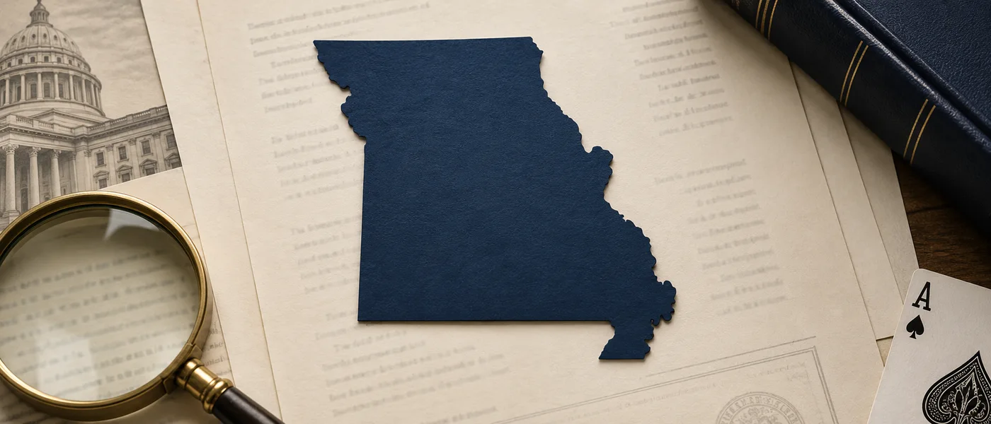 Editorial illustration of the Missouri outline beside legal documents and a magnifying glass.