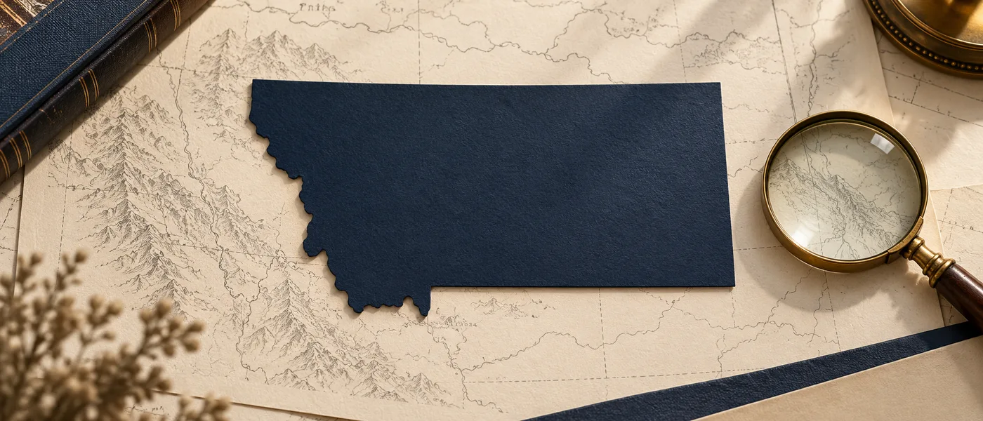 Editorial illustration of the Montana state outline on legal documents beside a magnifying glass.