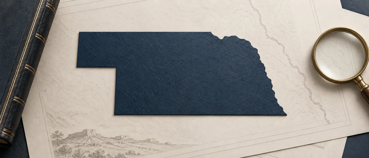 Editorial illustration of the Nebraska state outline on legal documents beside a magnifying glass.