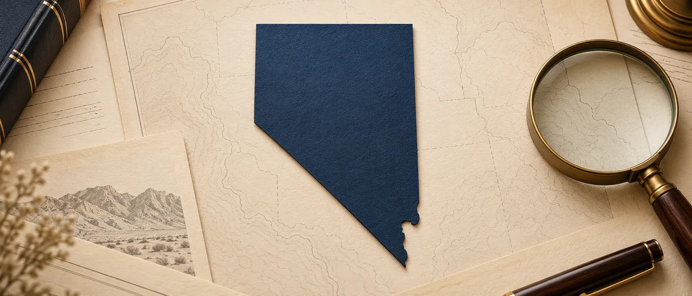 Editorial illustration of the Nevada state outline on legal documents beside a magnifying glass.
