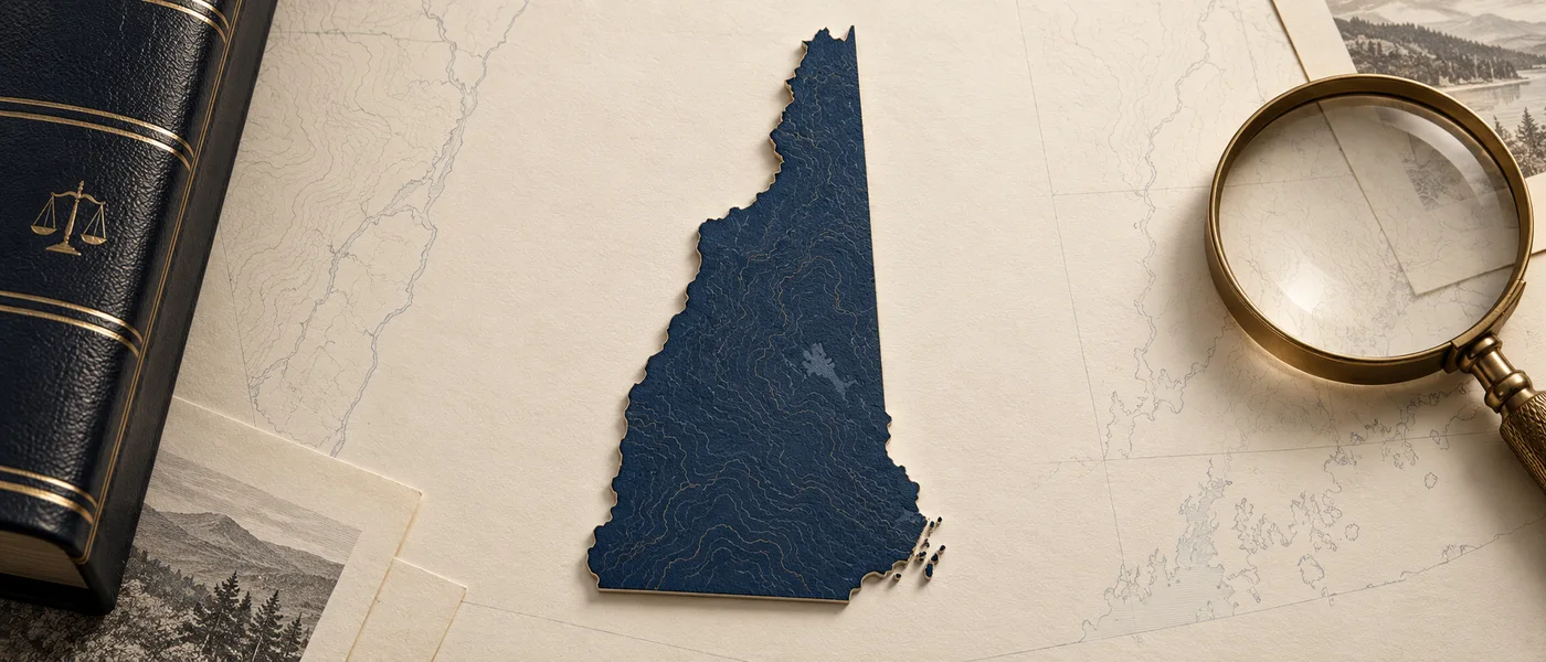 Editorial illustration of the New Hampshire state outline on legal documents beside a magnifying glass.