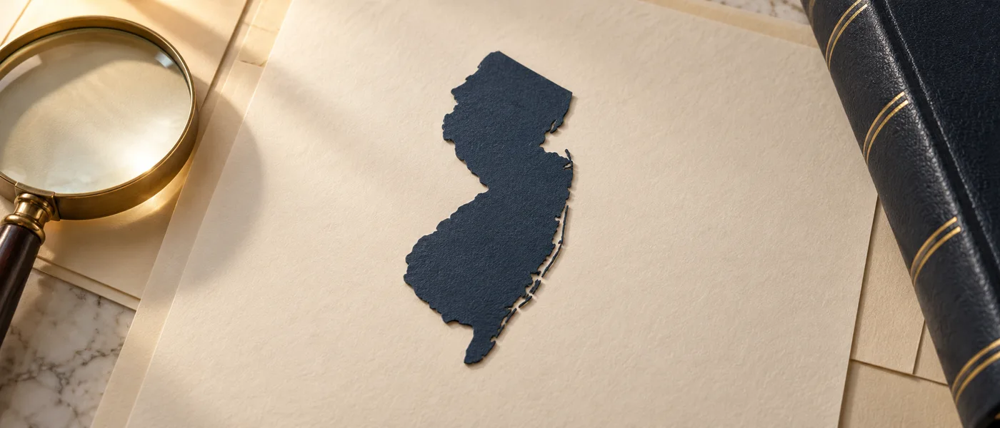Editorial illustration of the New Jersey state outline on legal documents beside a magnifying glass.