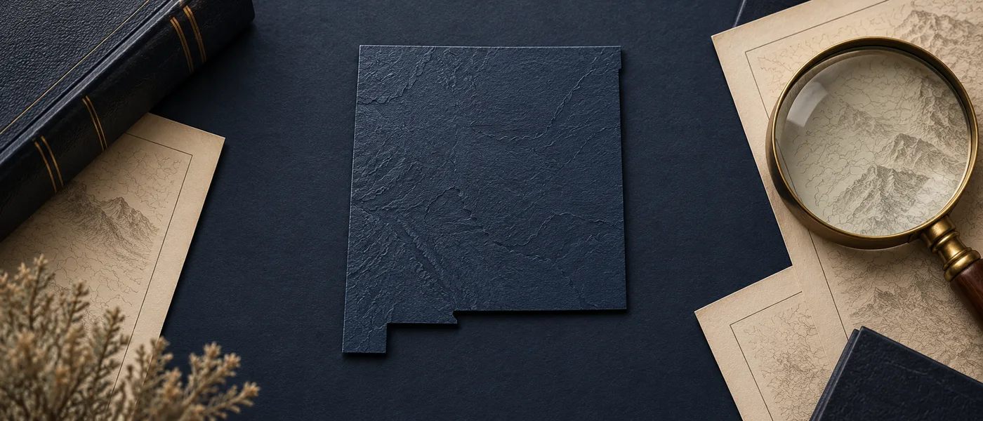 Editorial illustration of the New Mexico state outline on legal documents beside a magnifying glass.