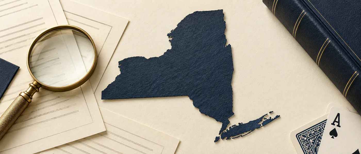 Editorial illustration of the New York outline beside legal documents and a magnifying glass.