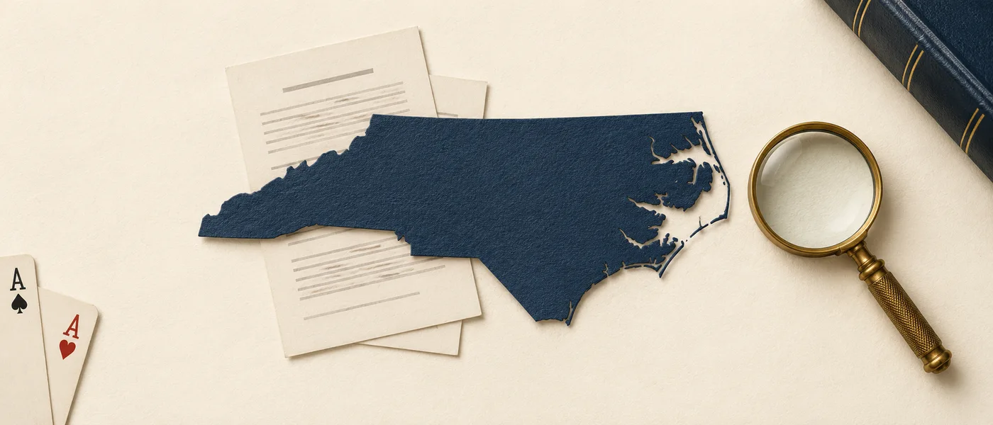 Editorial illustration of the North Carolina outline beside legal documents and a magnifying glass.