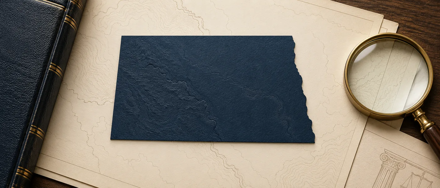 Editorial illustration of the North Dakota state outline on legal documents beside a magnifying glass.
