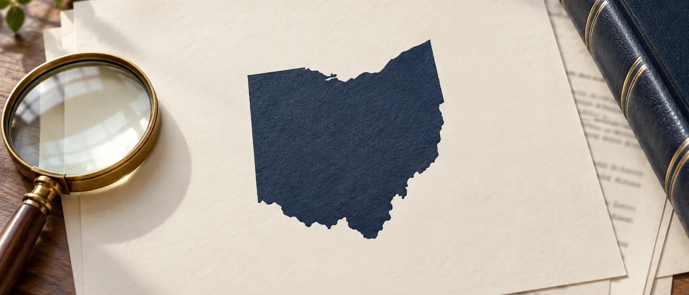 Editorial illustration of the Ohio state outline on legal documents beside a magnifying glass.