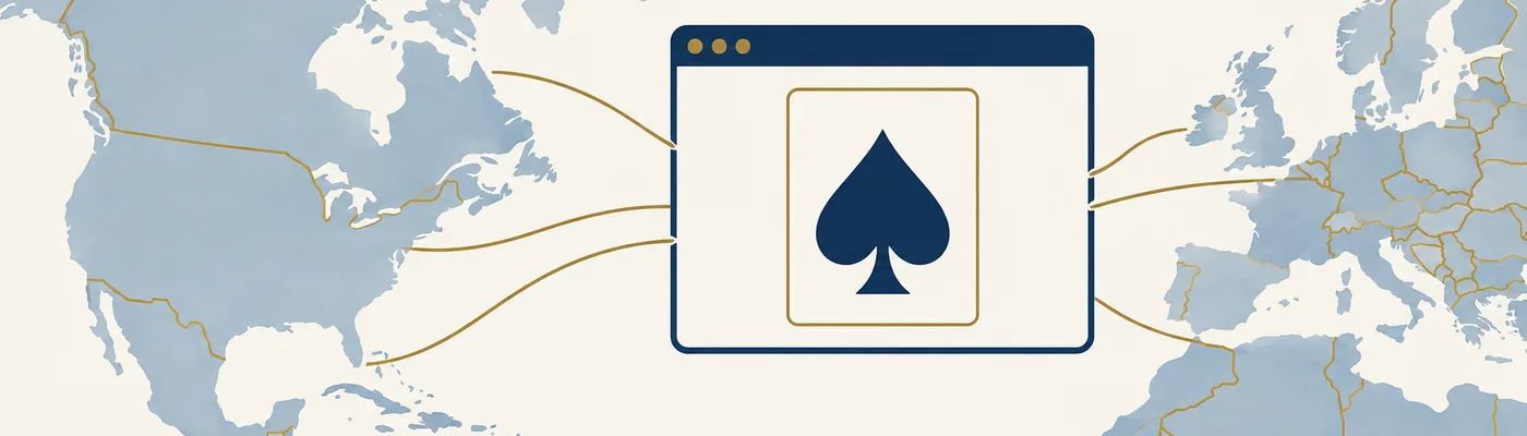 Editorial illustration of a browser window with a playing card spanning geographic borders.