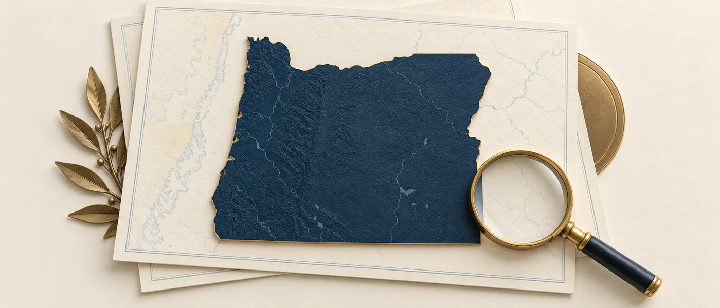 Editorial illustration of the Oregon state outline on legal documents beside a magnifying glass.