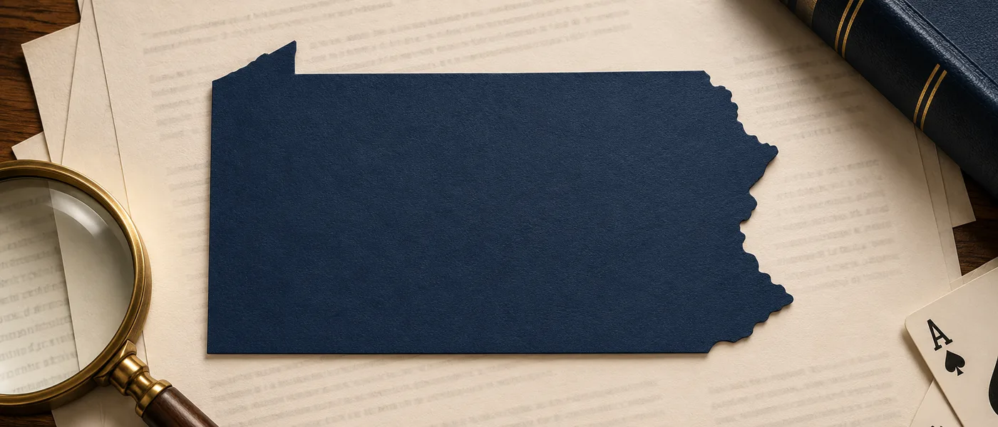 Editorial illustration of the Pennsylvania outline beside legal documents and a magnifying glass.