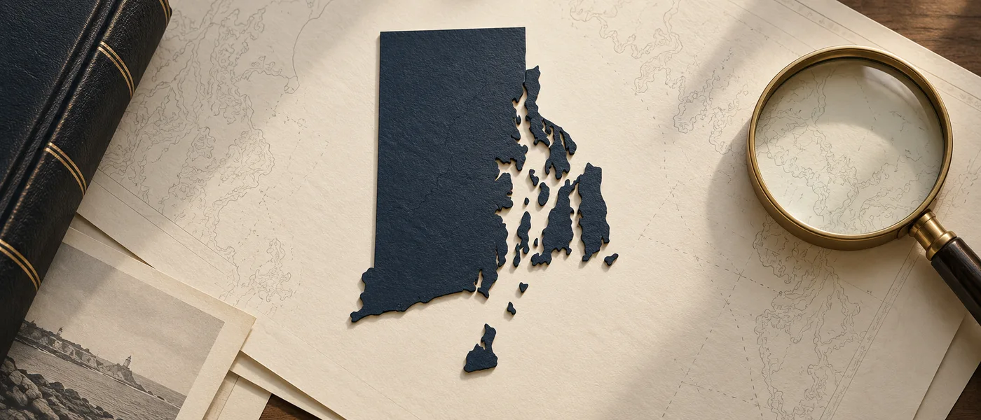 Editorial illustration of the Rhode Island state outline on legal documents beside a magnifying glass.