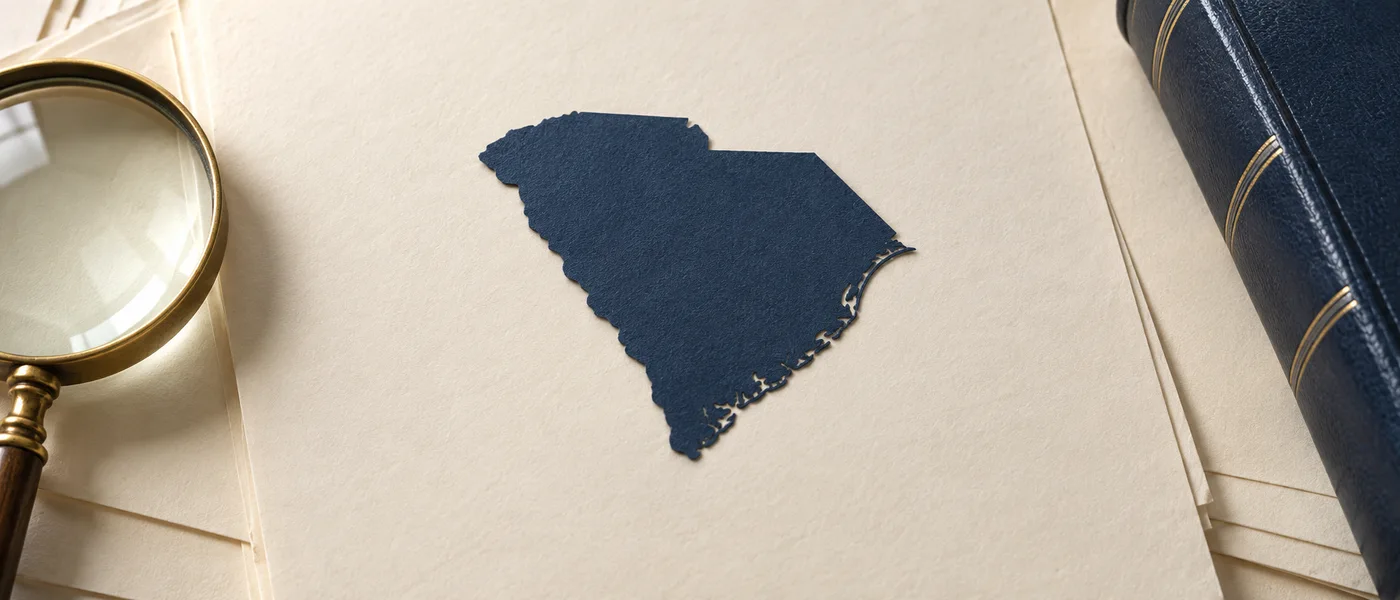 Editorial illustration of the South Carolina state outline on legal documents beside a magnifying glass.