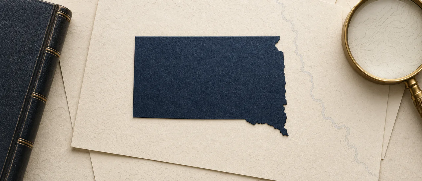 Editorial illustration of the South Dakota state outline on legal documents beside a magnifying glass.