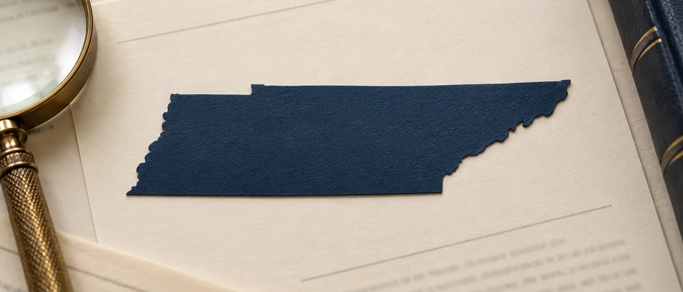 Editorial illustration of the Tennessee state outline on legal documents beside a magnifying glass.
