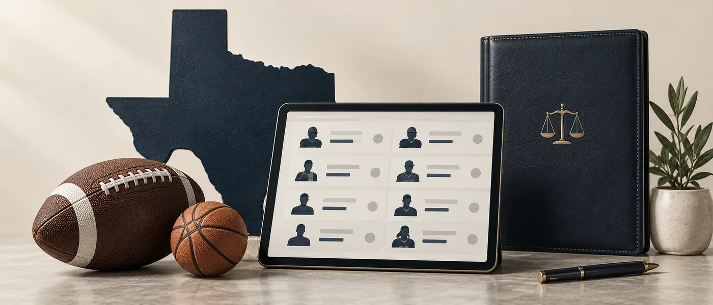 Texas outline beside a fantasy sports roster, an American football and a legal folio on an ivory background.