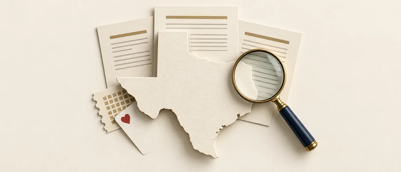 Editorial illustration of the Texas outline beside legal documents and a magnifying glass.