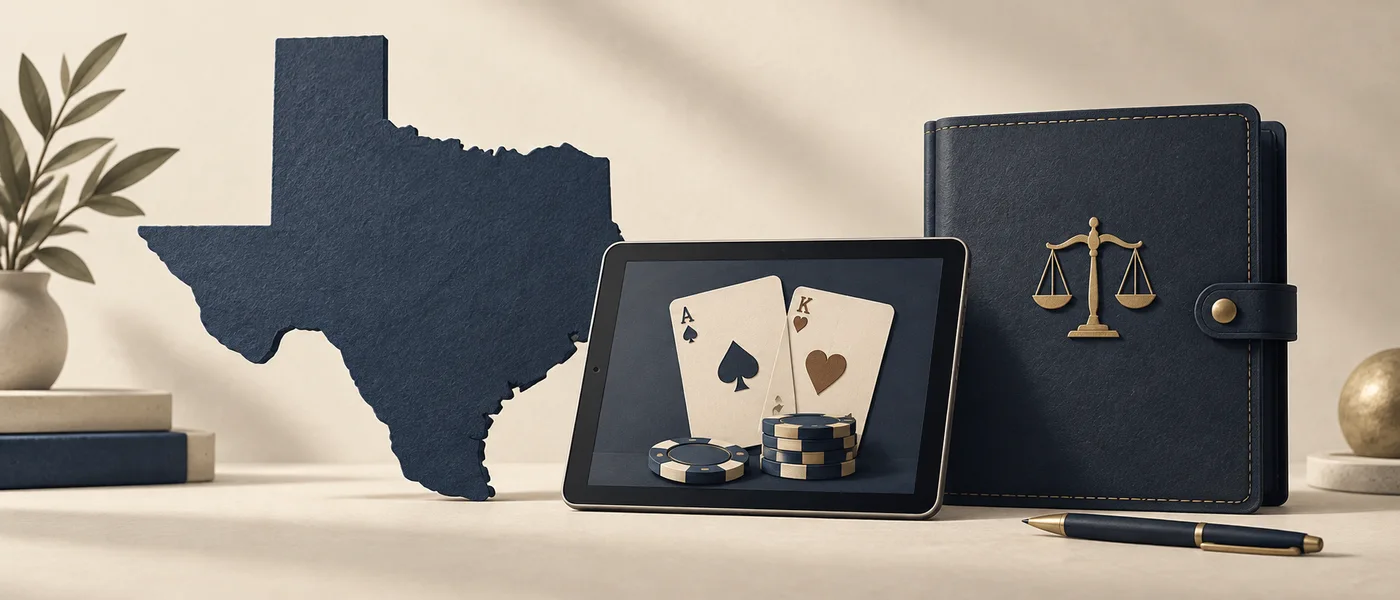 Texas outline beside a tablet showing playing cards and a legal folio on an ivory background.
