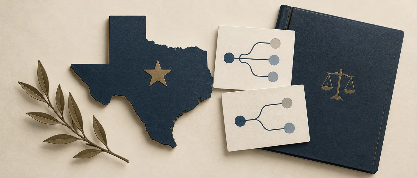 Texas outline beside event-contract diagrams and a legal folio on an ivory background.