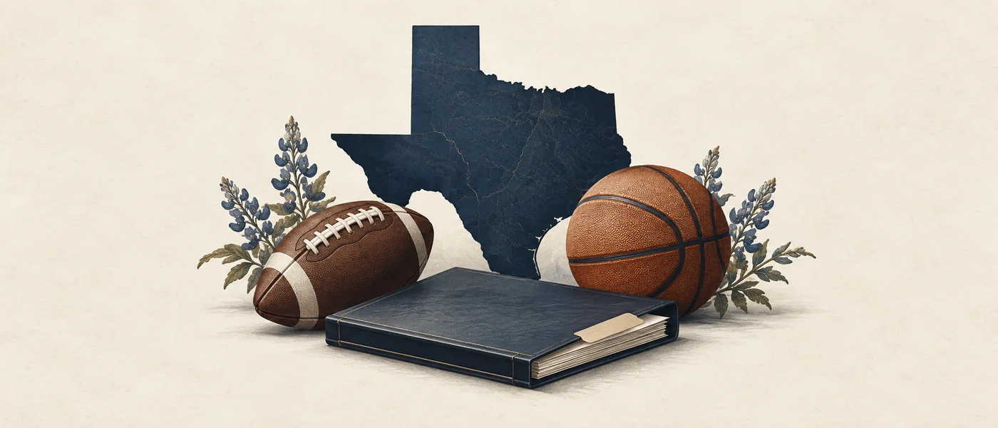 Texas outline with a football, basketball and legal folio on an ivory background.
