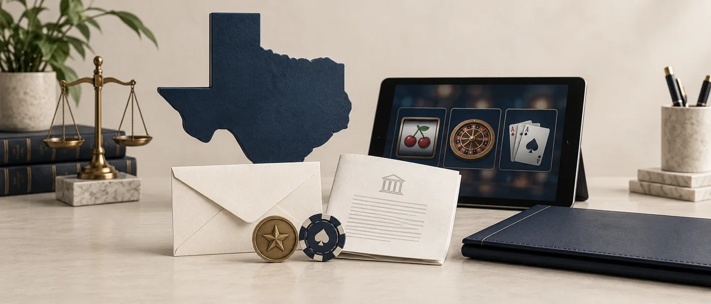 Texas outline beside a digital casino screen, two tokens, an entry envelope and a rules document on an ivory background.