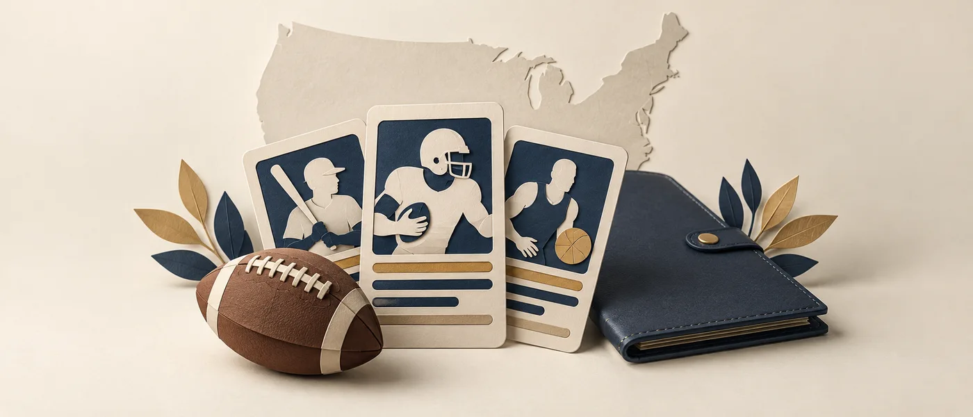 Athlete roster cards, a football and a legal folio in front of a United States outline.