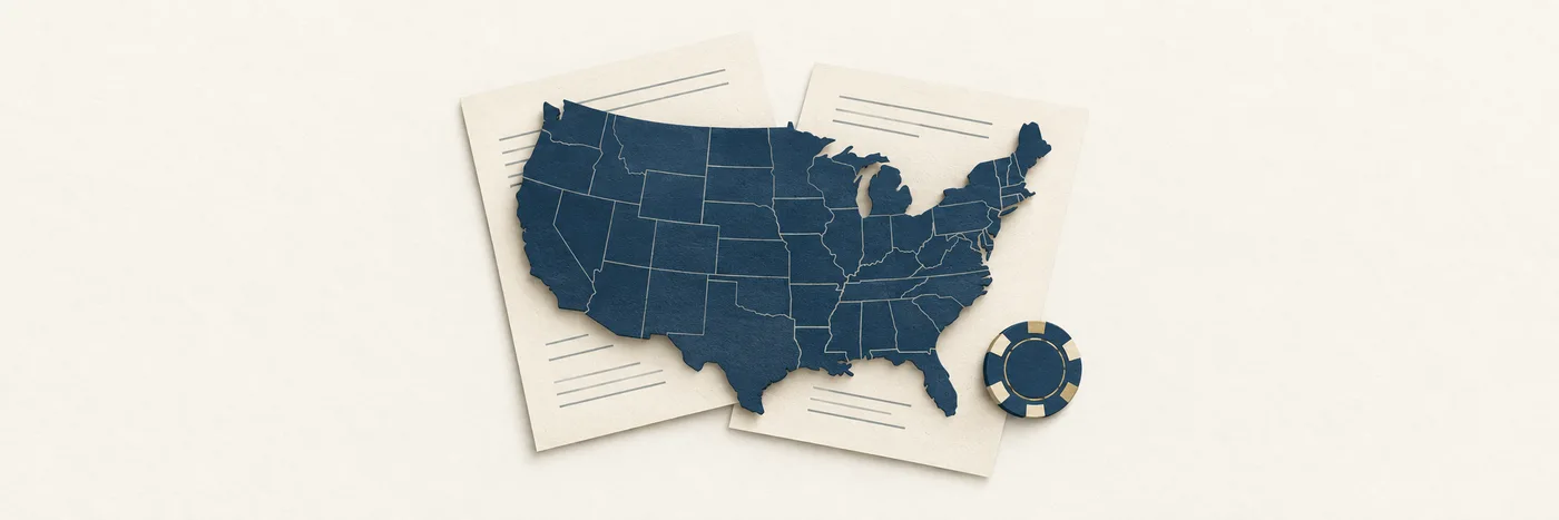 Editorial illustration of a US map over legal documents, with a single gaming chip.