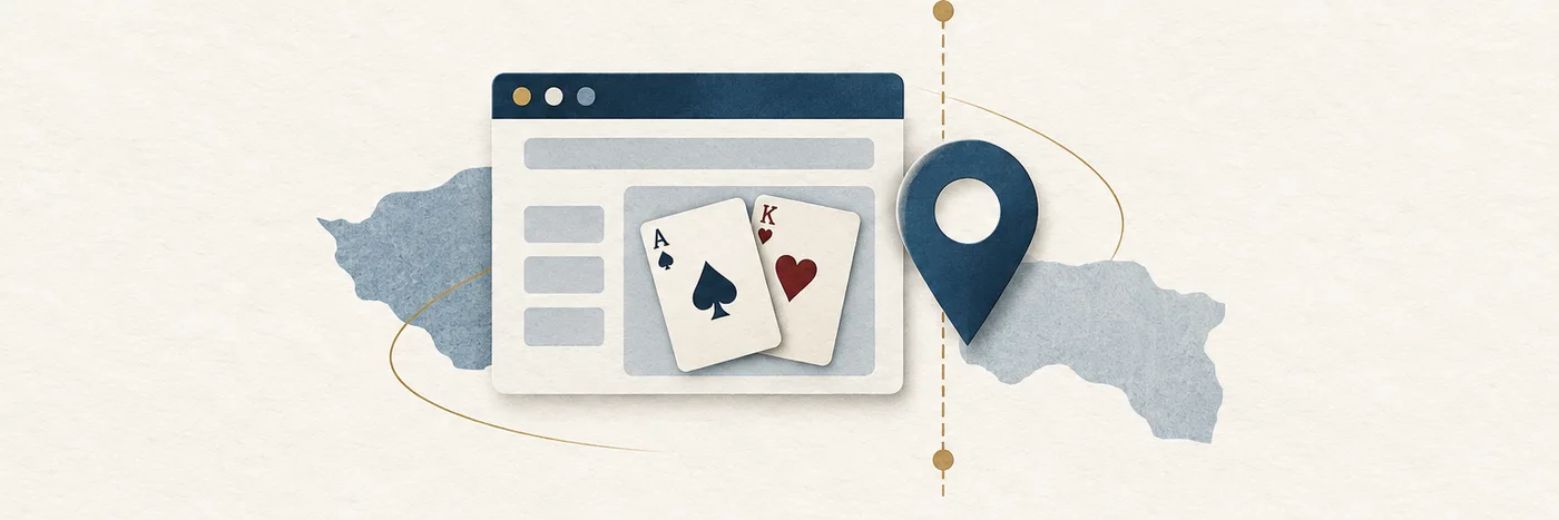 Editorial illustration of casino cards in a browser window beside a location pin and boundary.