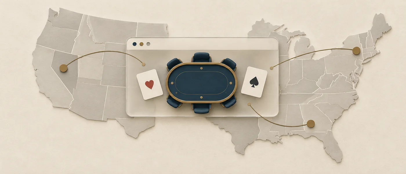 Editorial illustration of an online poker table with cards and geographic connections.