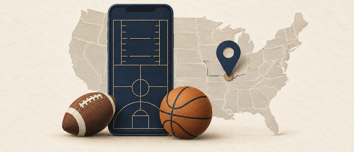 Editorial illustration of a sports screen and location pin on a US map.