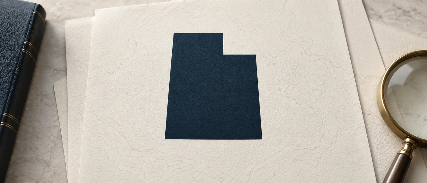 Editorial illustration of the Utah state outline on legal documents beside a magnifying glass.